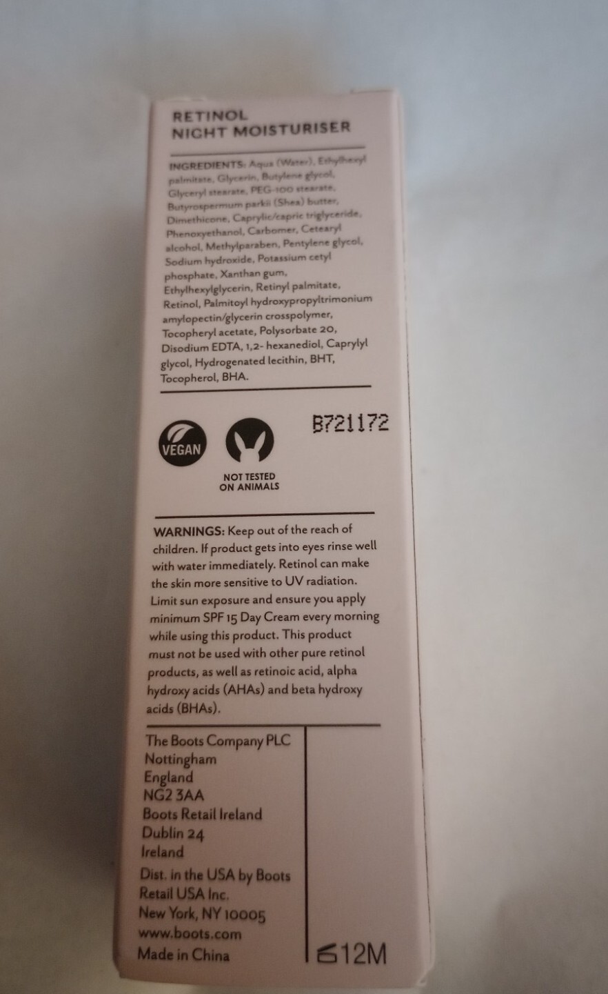 The Boots Company Ingredients Retinol Night Moisturizer  New In Box 30ml.