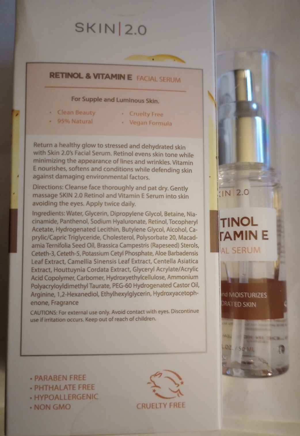 Skin 2.0 Retinol & Vitamin E Facial Serum Anti Aging 1.69oz ,New In Box