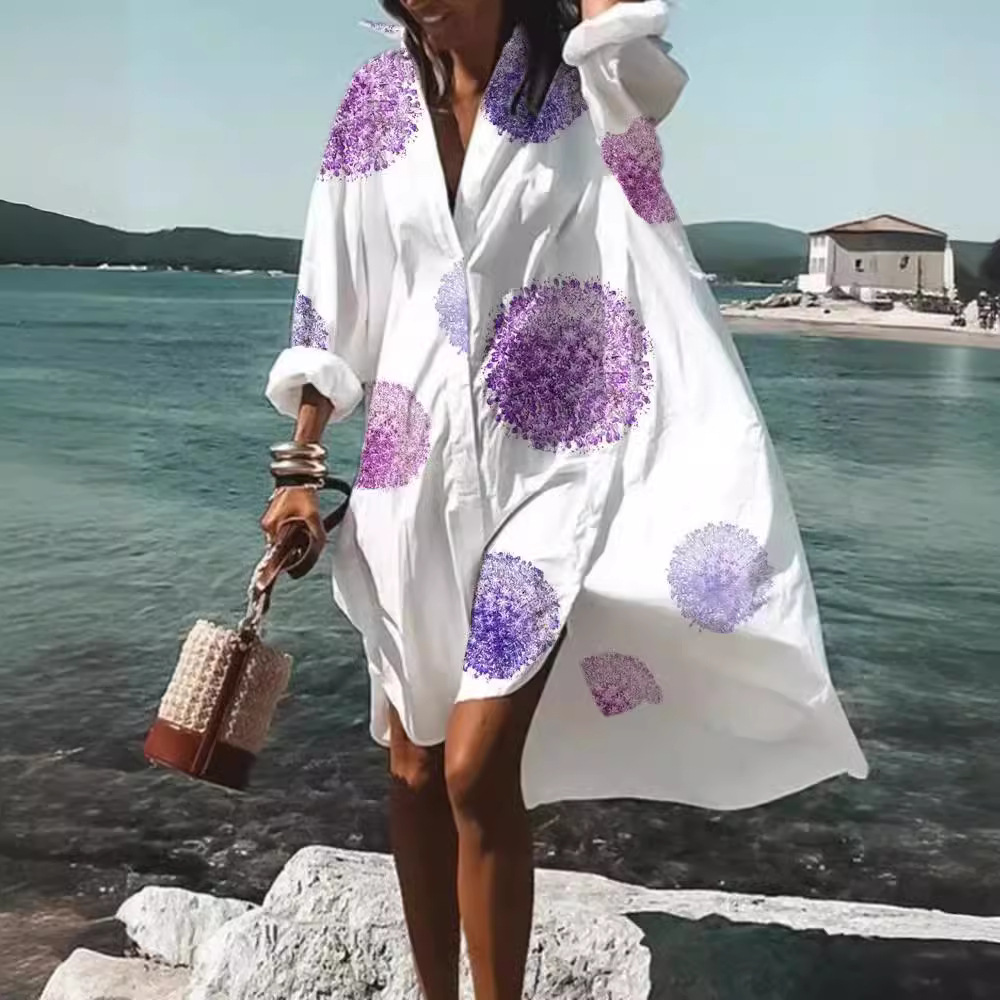 Women’s Loose Digital Printing Long-sleeved Lapel Shirt Dress