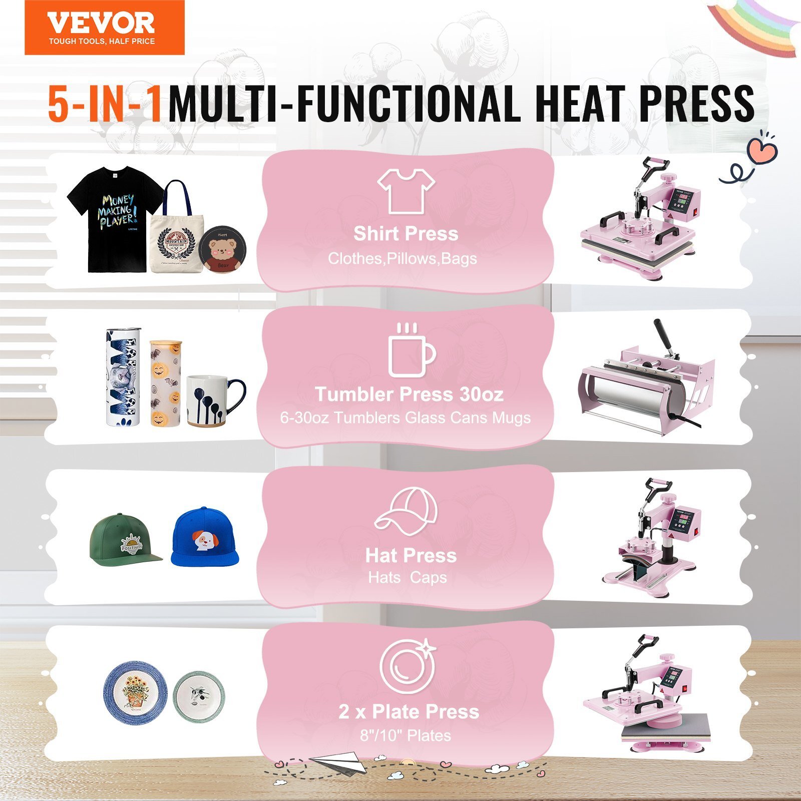 Heat Press Machine 12×15 in 5 in 1 with 30oz Tumbler Press T-Shirts Pink