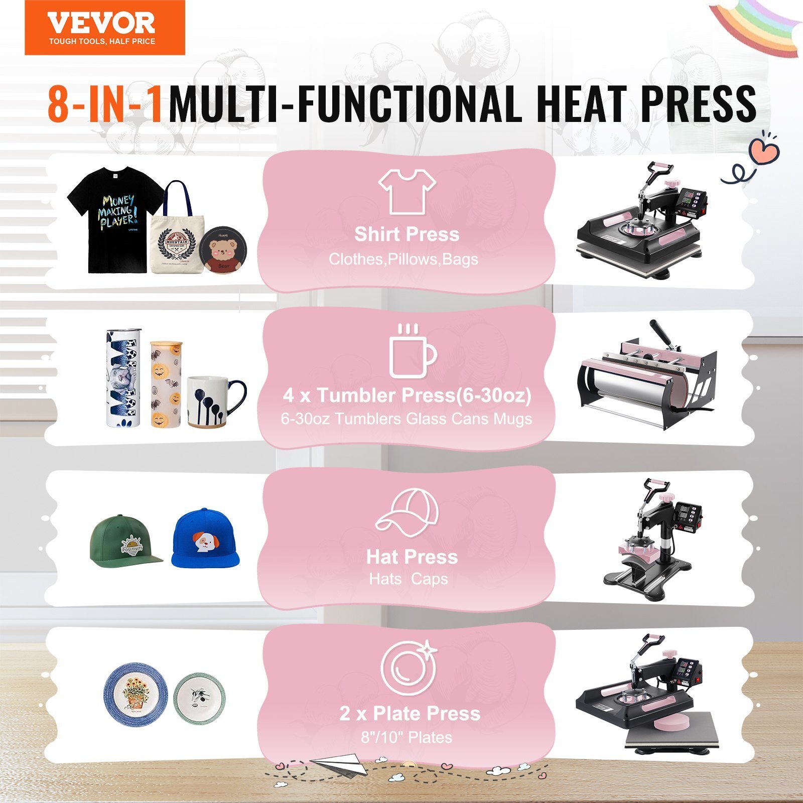 8 in 1 Heat Press Machine 15×15 in 30oz Tumbler Press T-Shirts Black