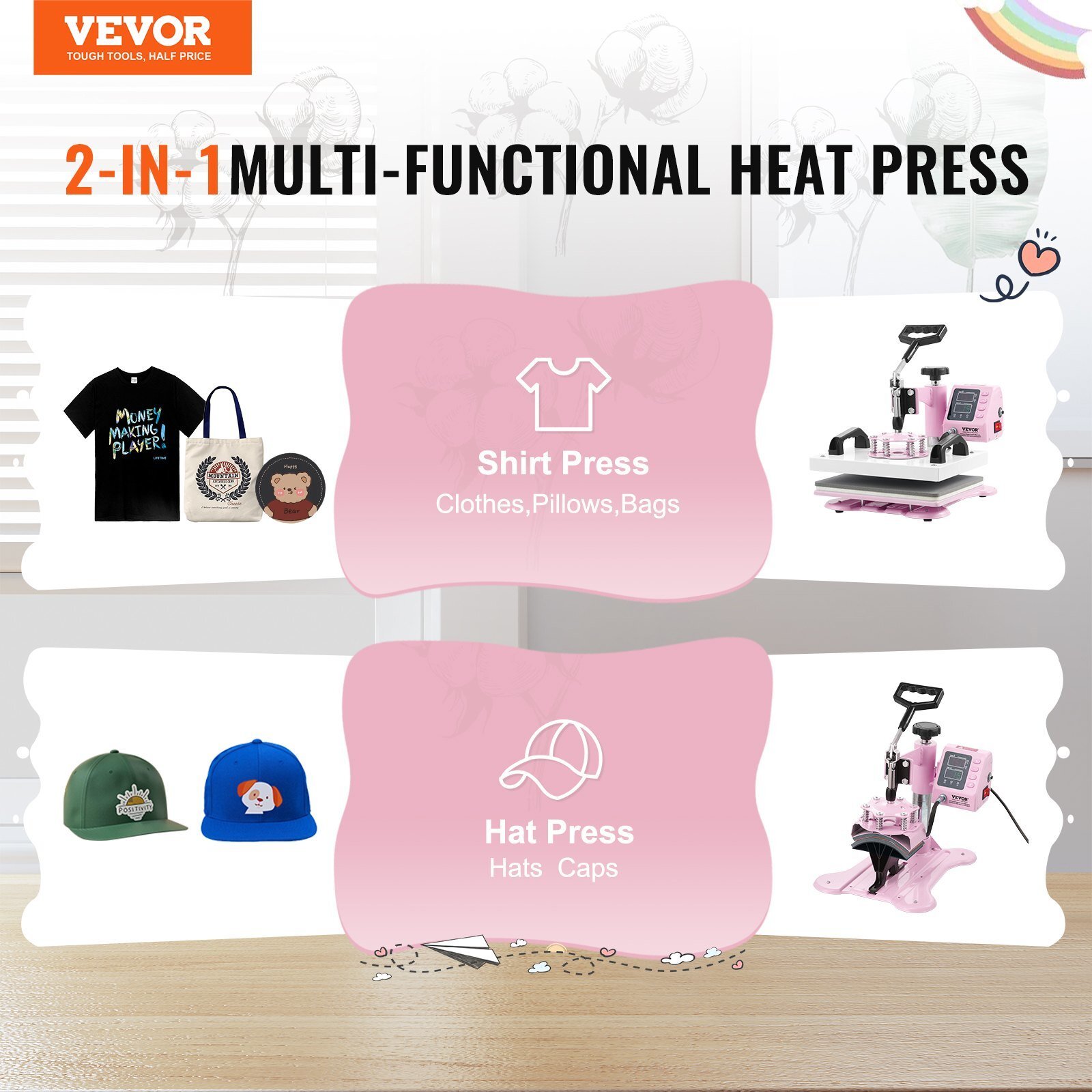Heat Press Machine 12×10 in 2 in 1 with Hat Press for T-Shirts Caps Pink