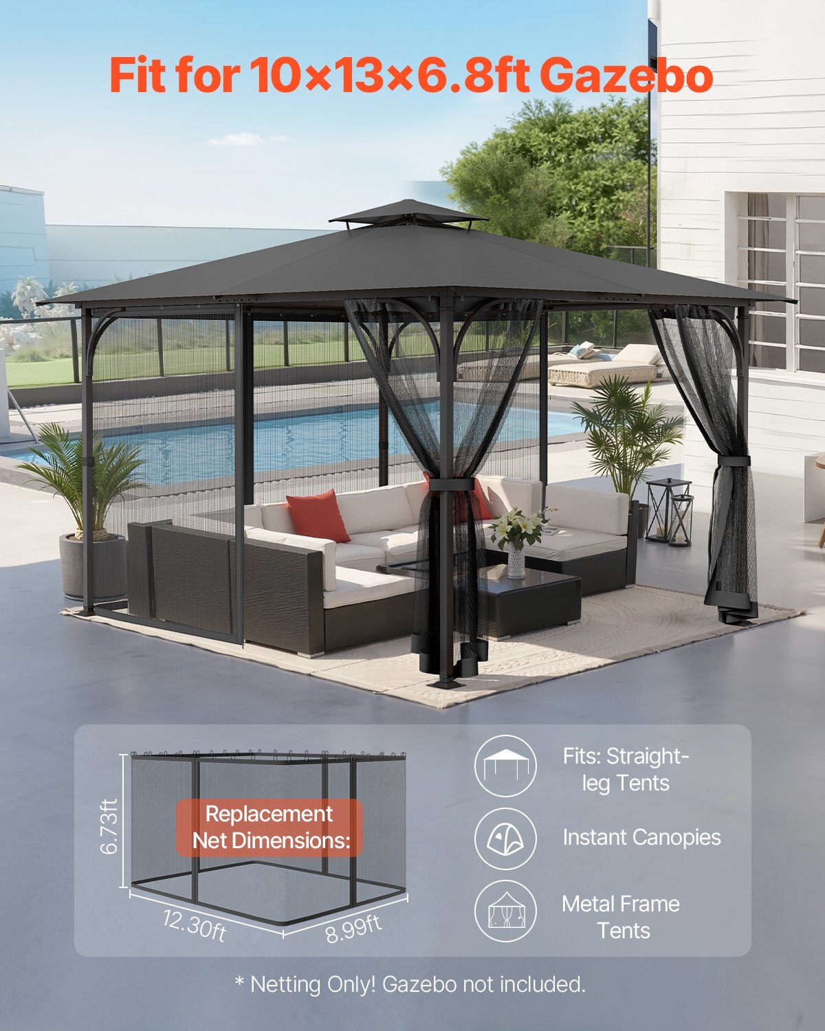 Replacement Mesh Gazebo Netting Screen for 10x13x 6.7 ft Outdoor Patio, Net Only