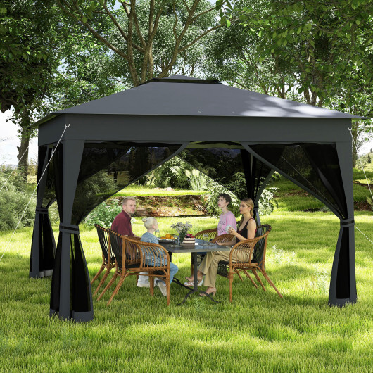 11 X 11 FT Pop Up Gazebo with Mesh Netting and Double Roof-Gray – Color: Gray