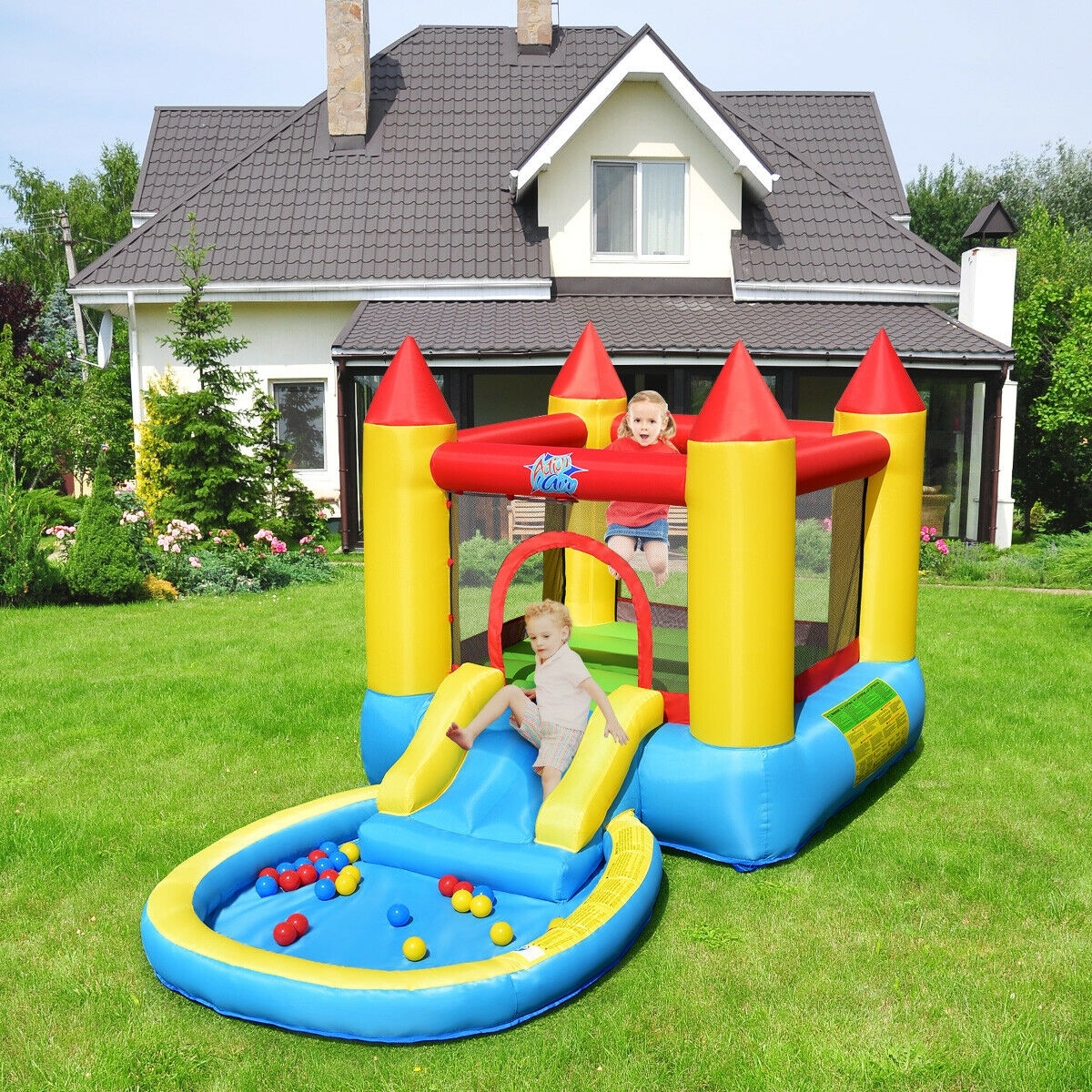 Inflatable Kids Slide Bounce House with 580w Blower – Color: Multicolor