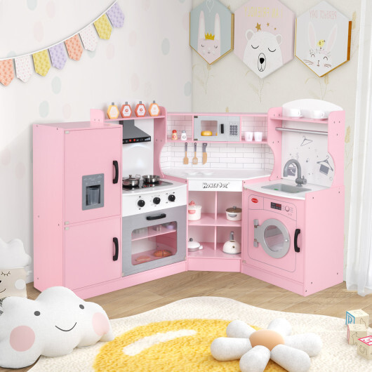 Corner Kids Play Kitchen with Washing Machine and Ice Maker Gift for Boys Girls-Pink – Color: Pink
