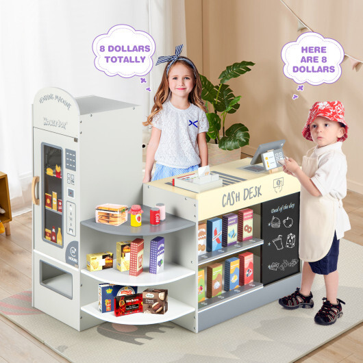 Kids Grocery Store Playset with Cash Register POS Machine-Gray – Color: Gray