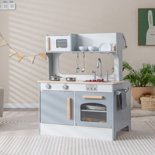 Double Sided Kids Pretend Kitchen Playset with 2-Seat Cafe-Gray – Color: Gray