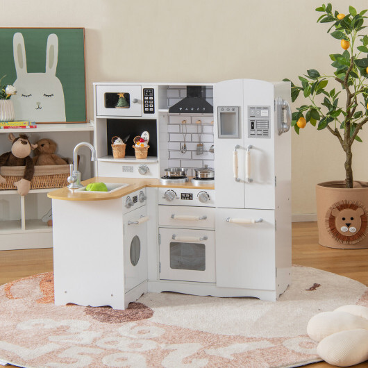 Wooden Kid’s Corner Kitchen Playset with Stove for Toddlers-Natural & White