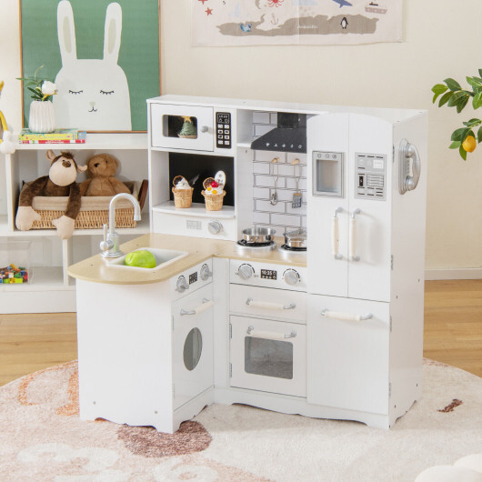 Wooden Kid’s Corner Kitchen Playset with Stove for Toddlers-Natural – Color: Natural