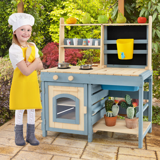 2-In-1 Outdoor Mud Kitchen with Faucet and Extra Chalkboard – Color: Natural