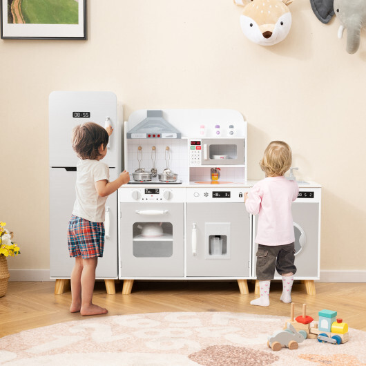 Kids Kitchen Playset 3-in-1 with Refrigerator and Washing Machine-Gray – Color: Gray