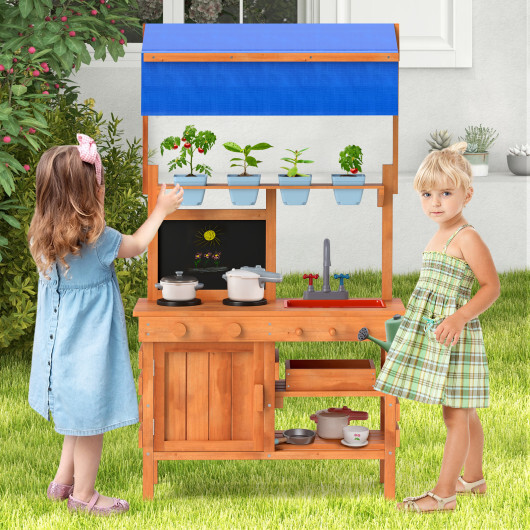 Wooden Pretend Play Kitchen with Height Adjustable Canopy for Kids-Natural – Color: Natural
