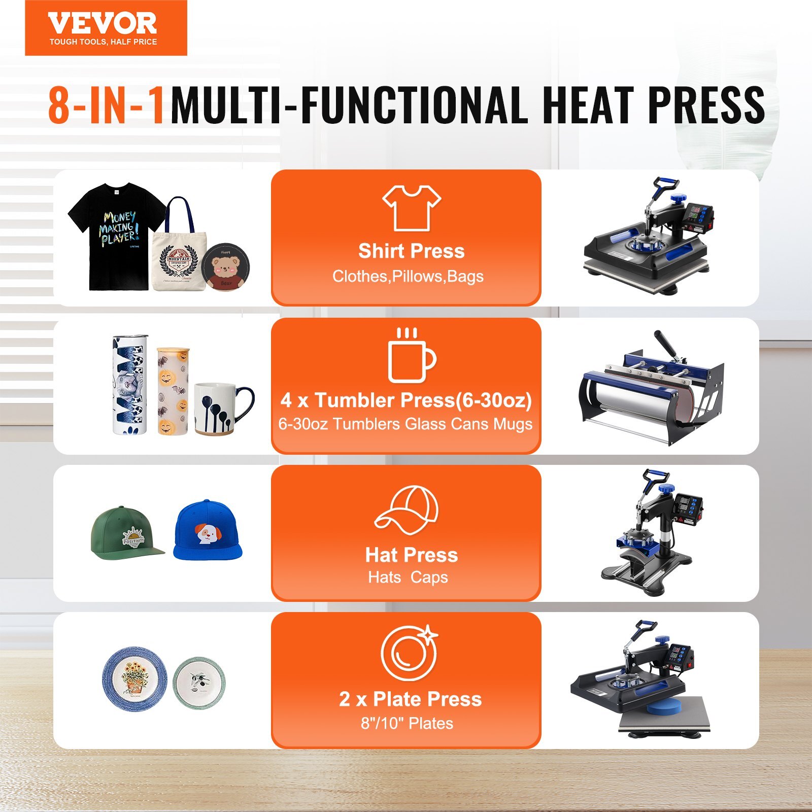 VEVOR 8 in 1 Heat Press Machine 15×15 in 30oz Tumbler Press T-Shirts Black+Blue